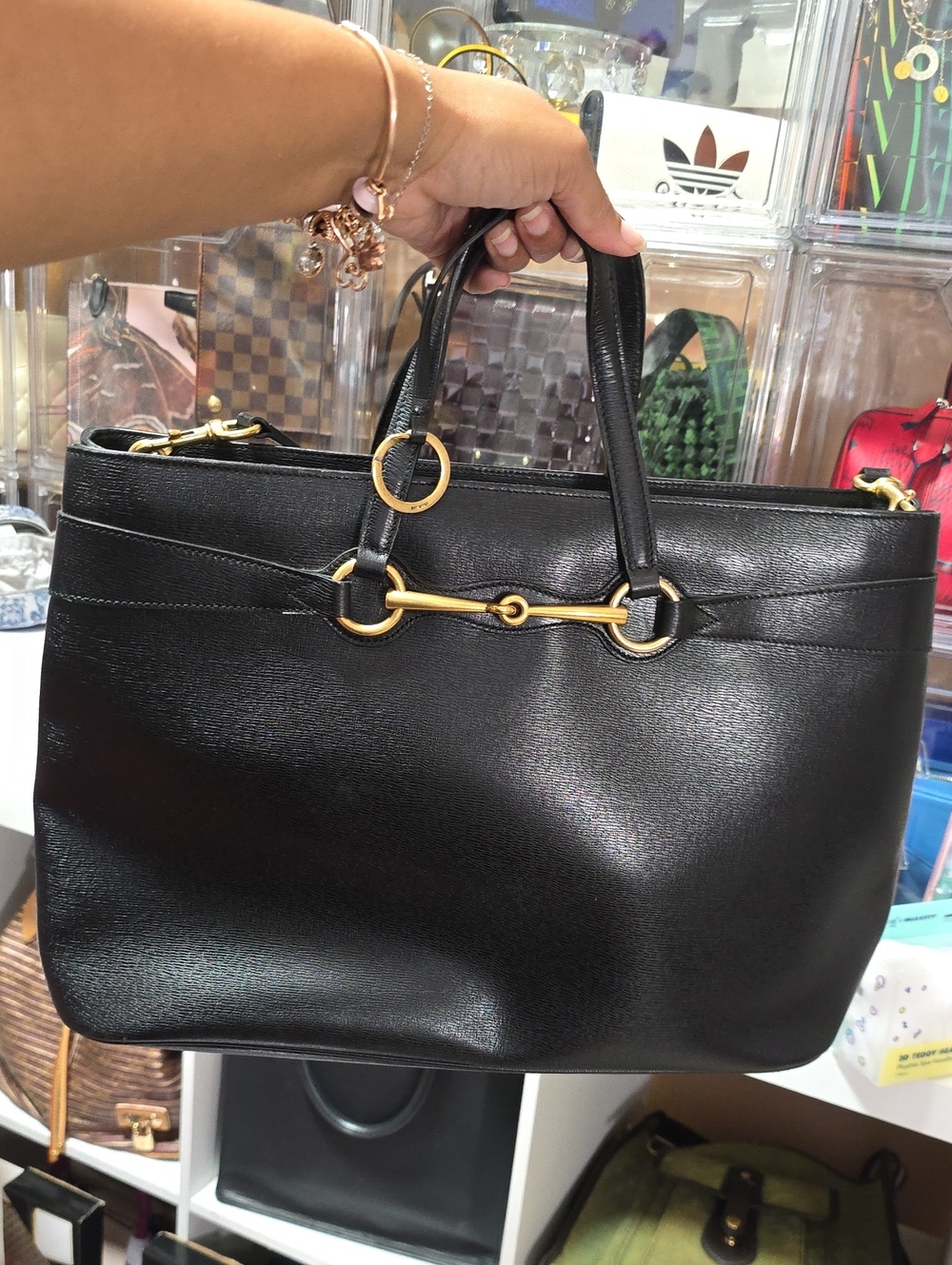 Gucci Black Leather Satchel with Gold Horsebit Detail